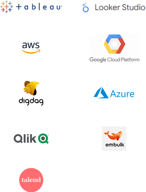 Tableau, Looker Studio, AWS, Google Cloud Platform, Digdag, Microsoft Azure, Qlik, Embulk, Talend